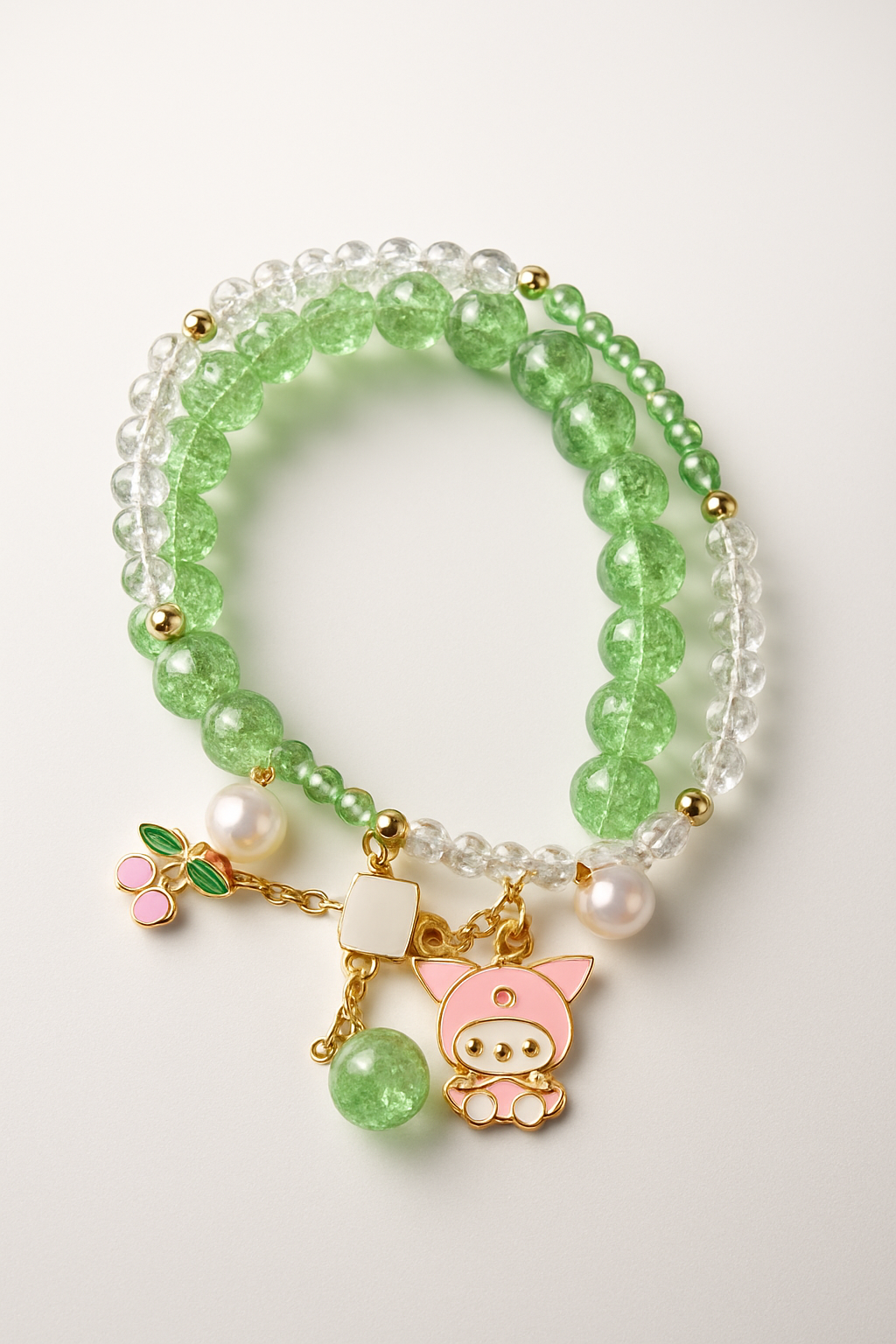 Green Beaded Charm Bracelet  Crystal Beads with Pearl, Cherry & Cartoon Charms LB10077