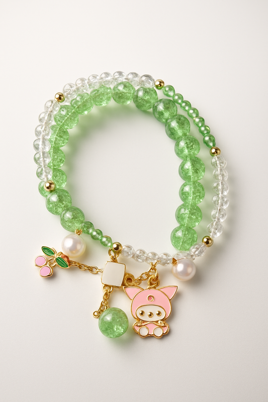 Green Beaded Charm Bracelet  Crystal Beads with Pearl, Cherry & Cartoon Charms LB10077