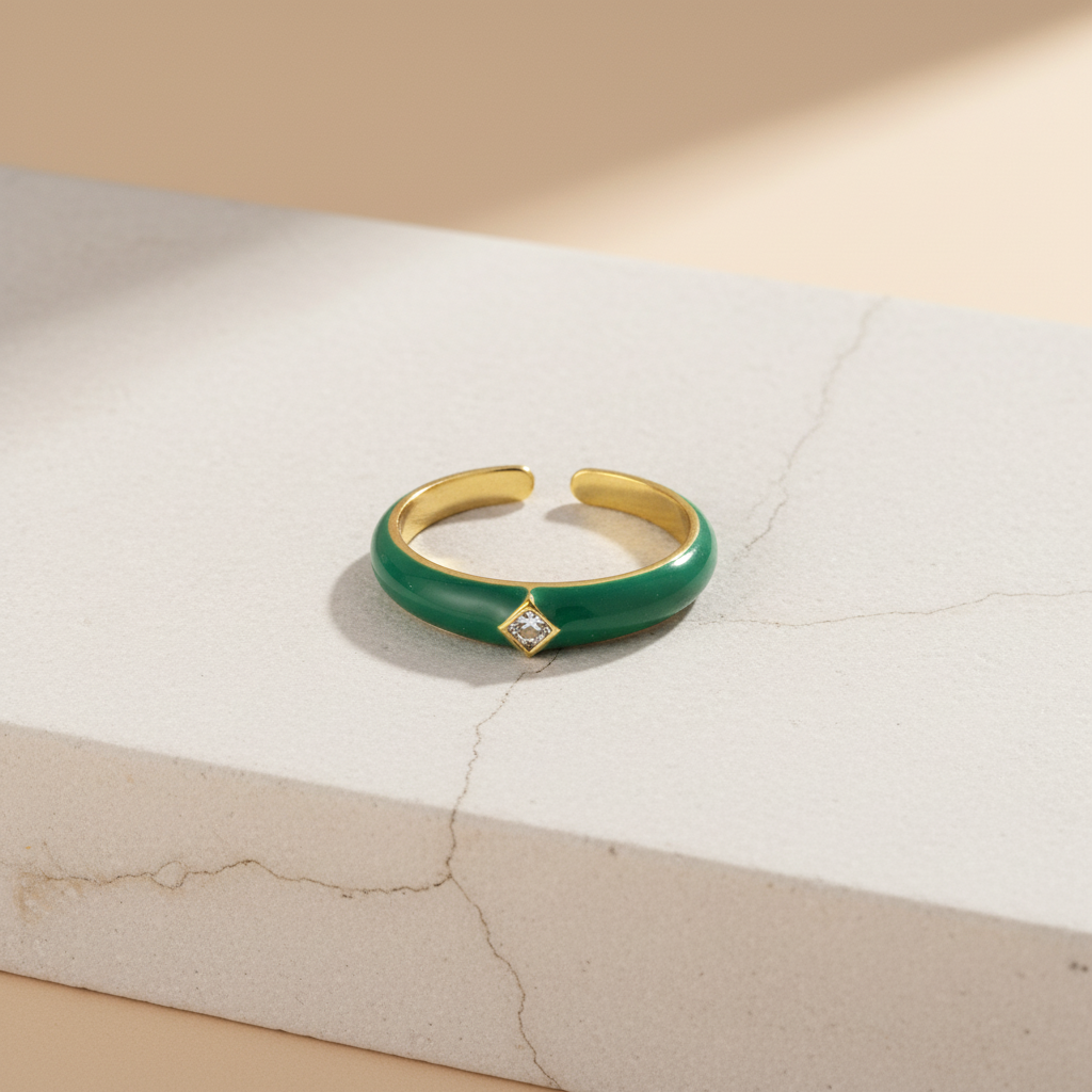 Green Enamel & Gold Adjustable Ring with Diamond Accent LR10196