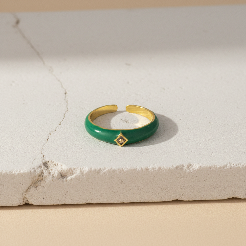 Green Enamel & Gold Adjustable Ring with Diamond Accent LR10196