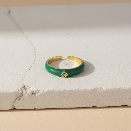 Green Enamel & Gold Adjustable Ring with Diamond Accent LR10196