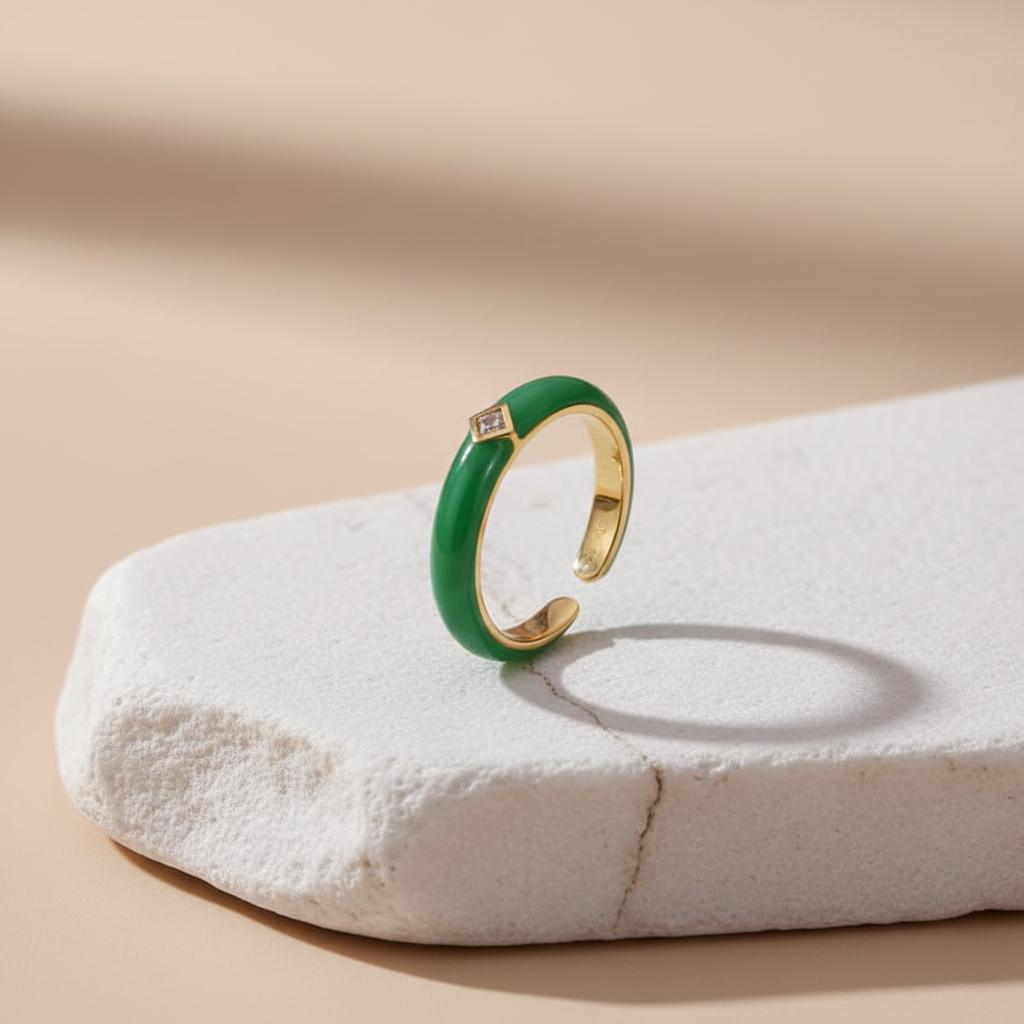 Green Enamel & Gold Adjustable Ring with Diamond Accent LR10196