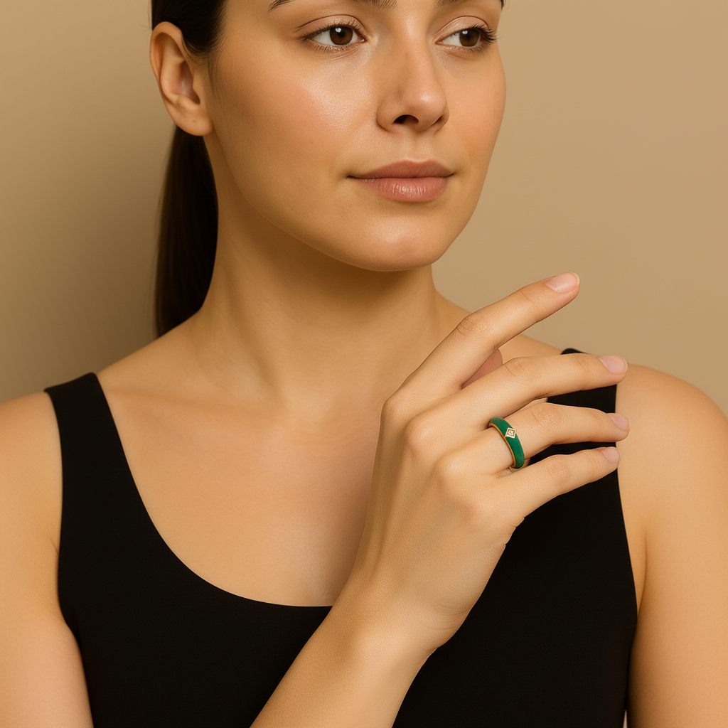 Green Enamel & Gold Adjustable Ring with Diamond Accent LR10196