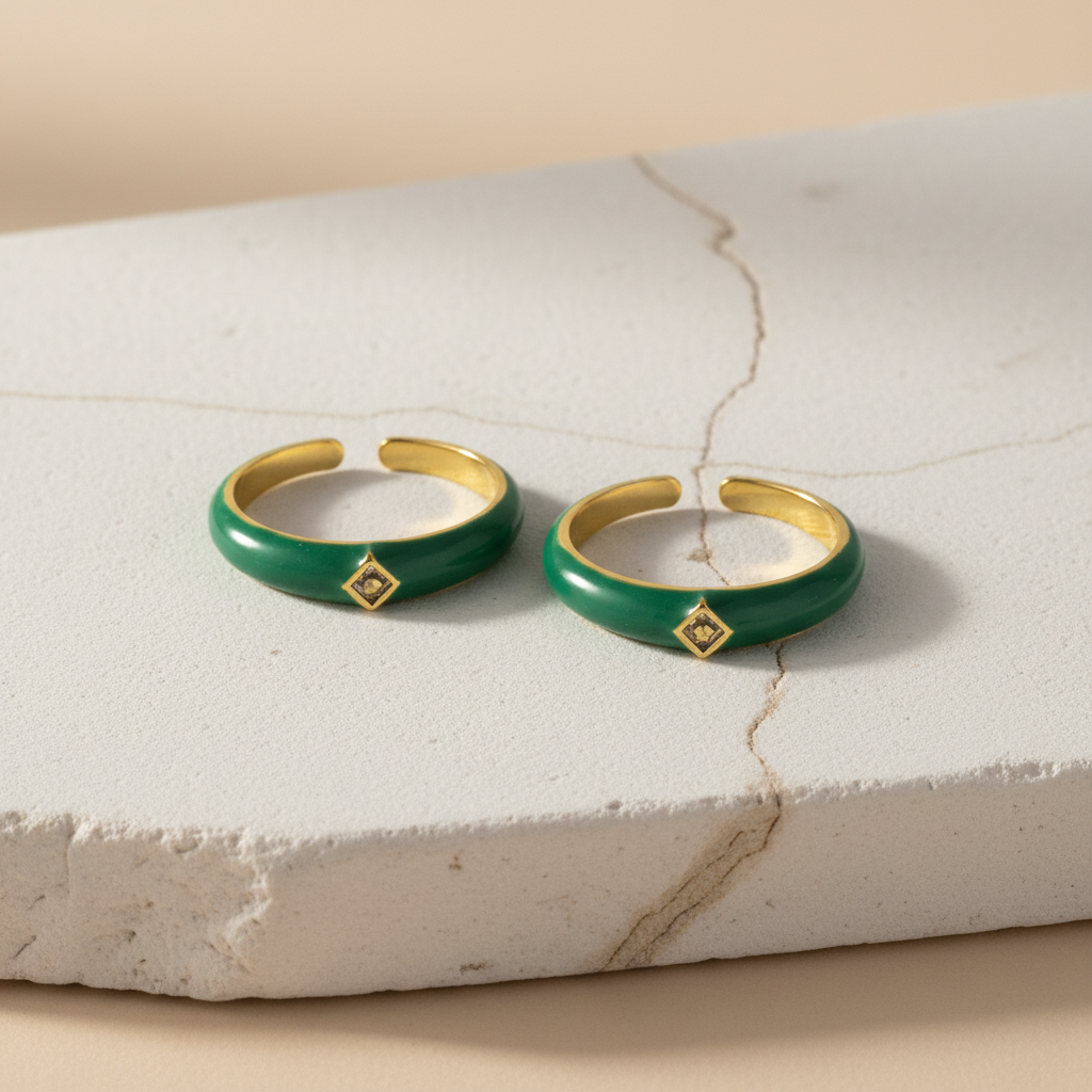 Green Enamel & Gold Adjustable Ring with Diamond Accent LR10196