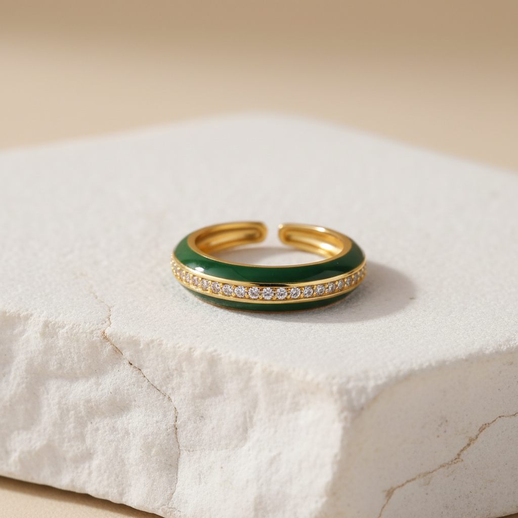 Green Enamel & Gold Adjustable Ring with Diamond Band LR10203