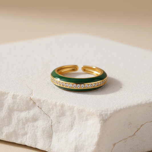 Green Enamel & Gold Adjustable Ring with Diamond Band LR10203