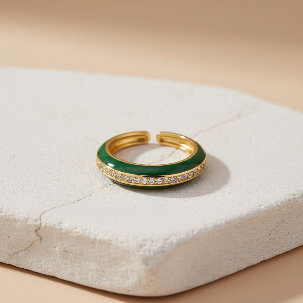Green Enamel & Gold Adjustable Ring with Diamond Band LR10203