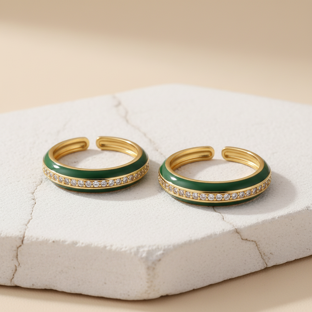Green Enamel & Gold Adjustable Ring with Diamond Band LR10203