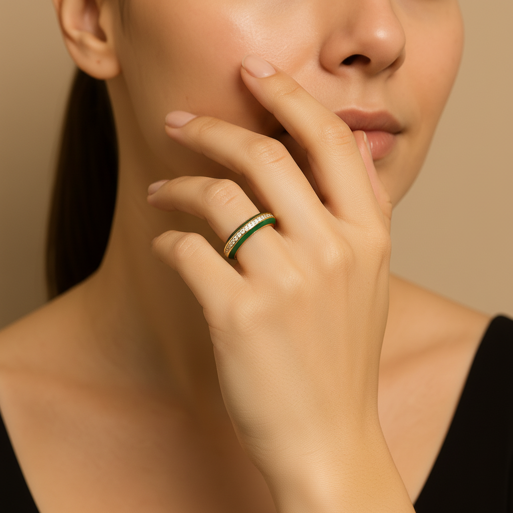 Green Enamel & Gold Adjustable Ring with Diamond Band LR10203