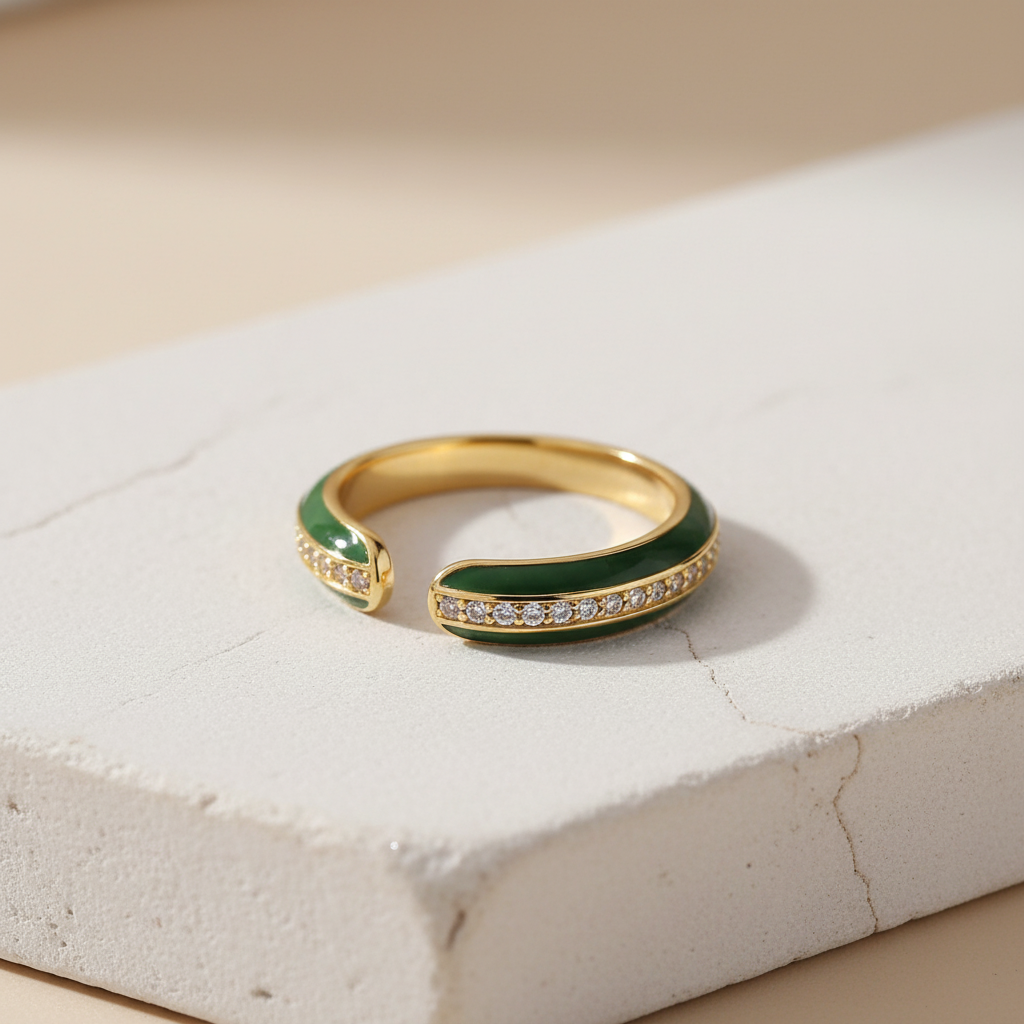 Green Enamel & Gold Adjustable Ring with Diamond Band LR10203