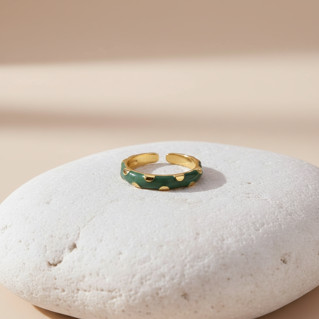 Green Enamel & Gold Adjustable Ring with Heart Detailing LR10213