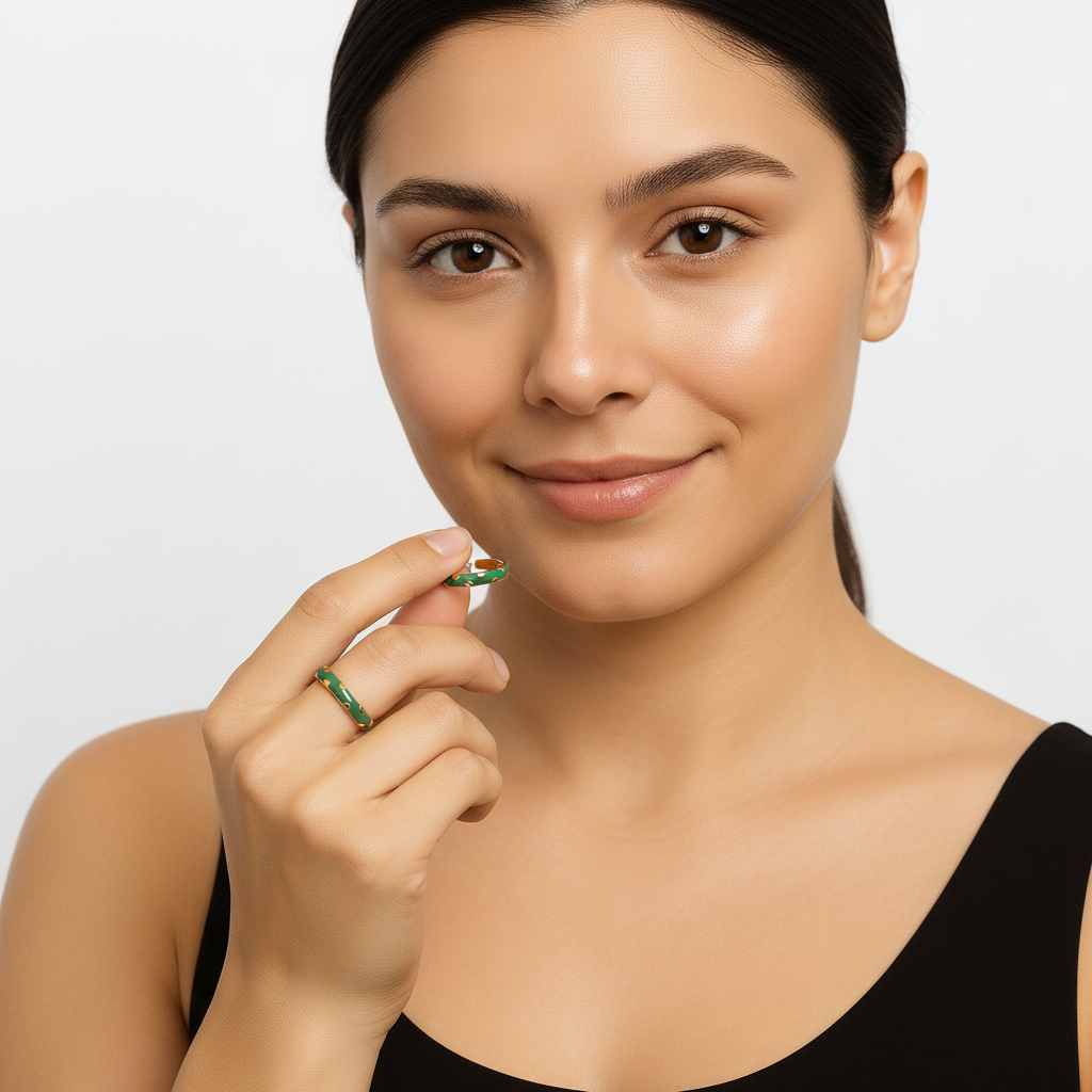 Green Enamel & Gold Adjustable Ring with Heart Detailing LR10213