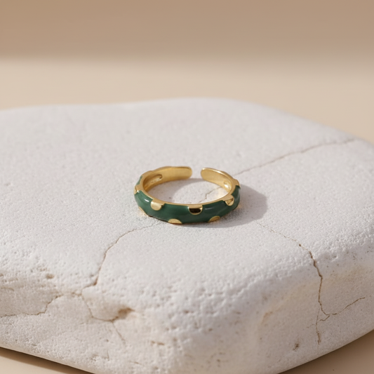 Green Enamel & Gold Adjustable Ring with Heart Detailing LR10213