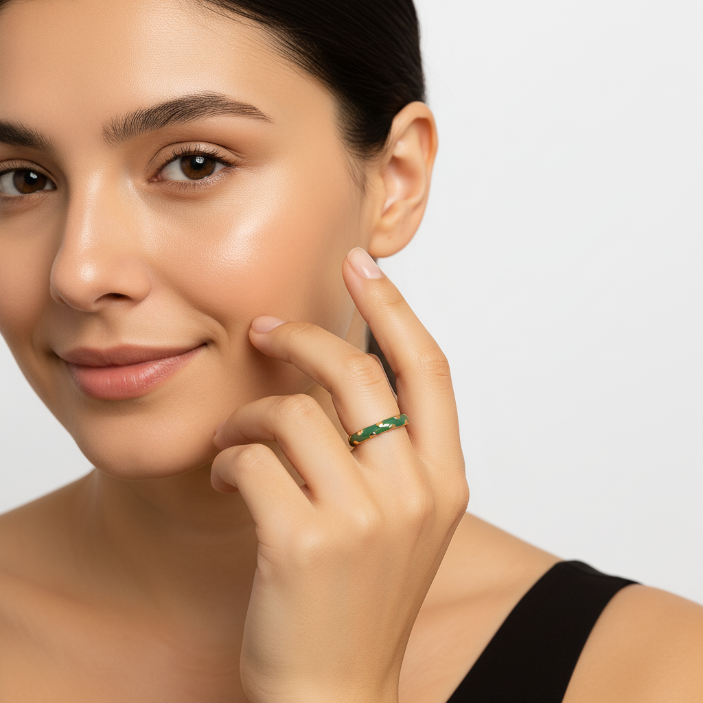 Green Enamel & Gold Adjustable Ring with Heart Detailing LR10213