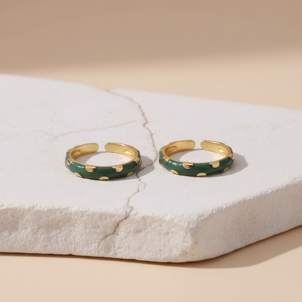 Green Enamel & Gold Adjustable Ring with Heart Detailing LR10213