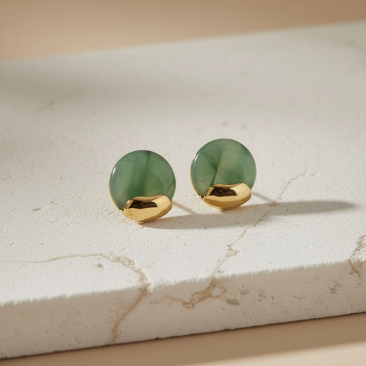 Green Stone & Gold Stud Earrings – Minimalist Round Statement Earrings for Women LE10353