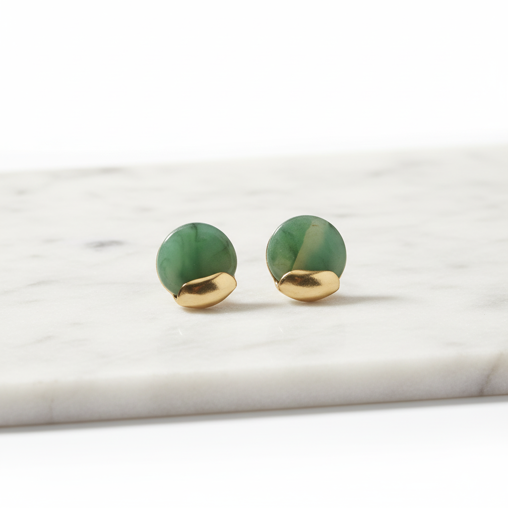 Green Stone & Gold Stud Earrings – Minimalist Round Statement Earrings for Women LE10353