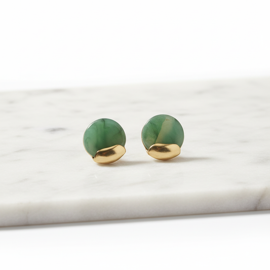 Green Stone & Gold Stud Earrings – Minimalist Round Statement Earrings for Women LE10353