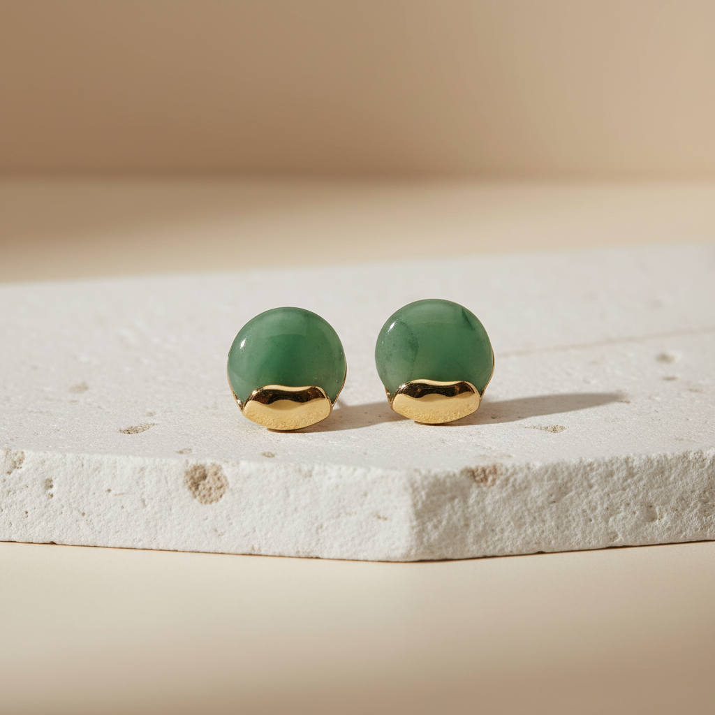 Green Stone & Gold Stud Earrings – Minimalist Round Statement Earrings for Women LE10353