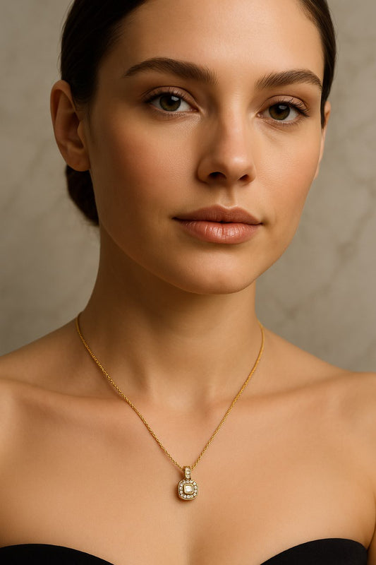 Halo Diamond Pendant Necklace Gold with Round Cut Diamond & Pavé Halo LN10109