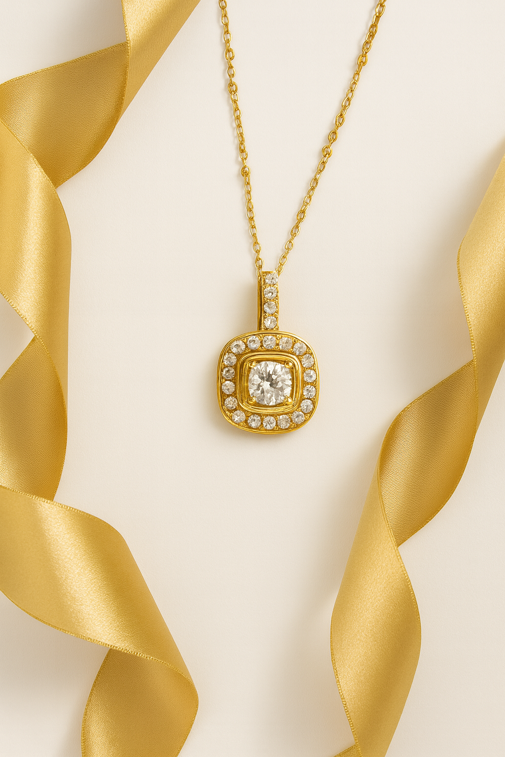 Halo Diamond Pendant Necklace Gold with Round Cut Diamond & Pavé Halo LN10109