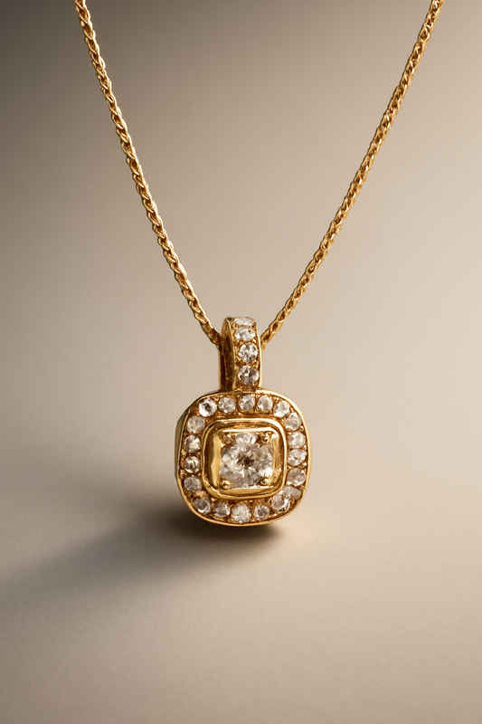 Halo Diamond Pendant Necklace Gold with Round Cut Diamond & Pavé Halo LN10109