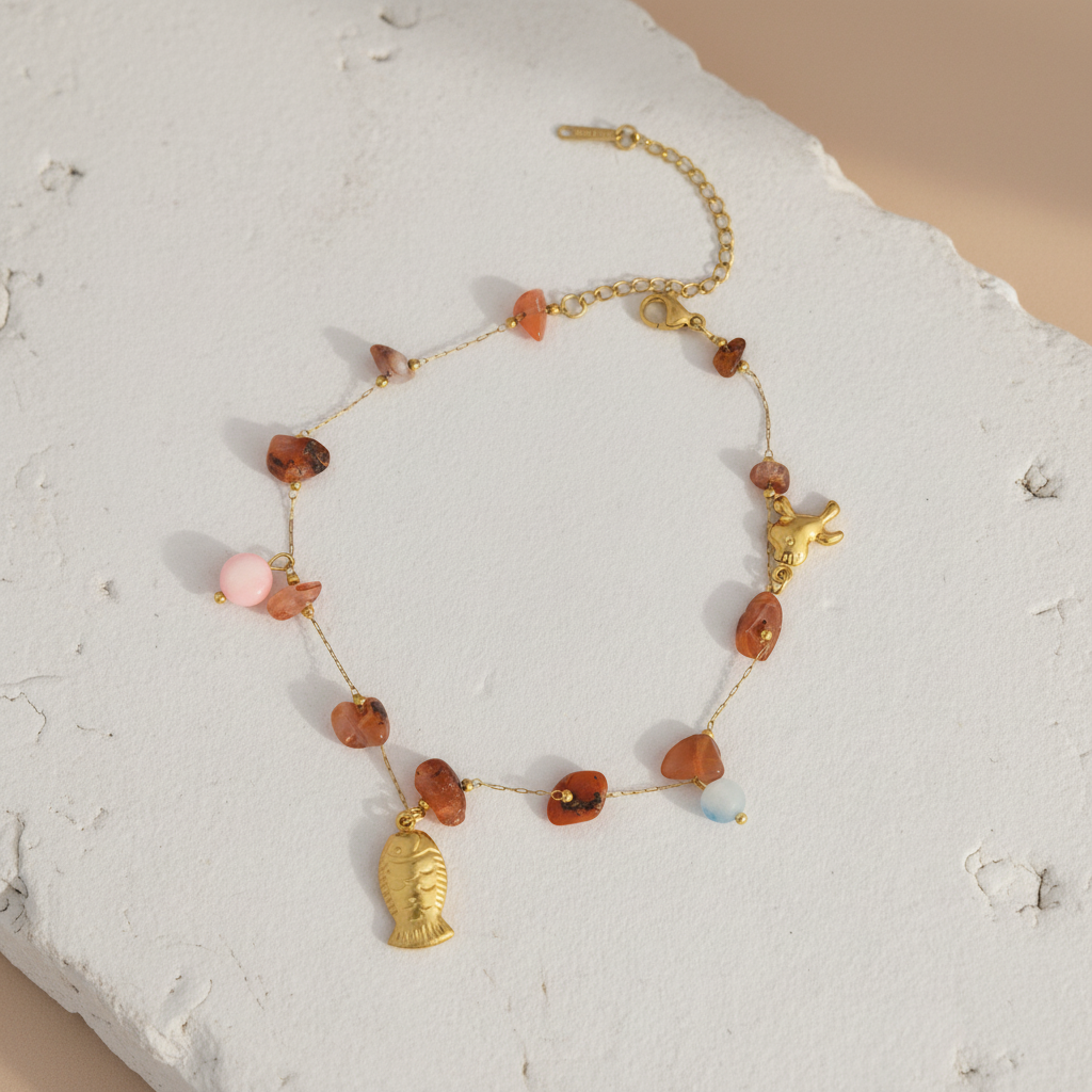 Handcrafted Gemstone Anklet with Gold Plated Fish & Sun Charms – Boho Minimal Jewelry LA10109