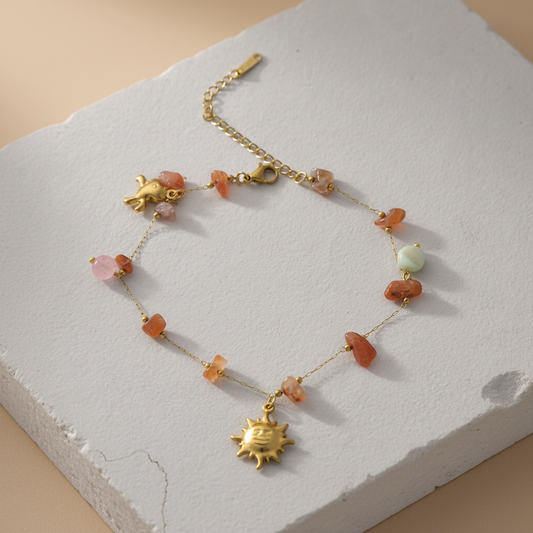 Handcrafted Gemstone Anklet with Gold Plated Fish & Sun Charms – Boho Minimal Jewelry LA10109