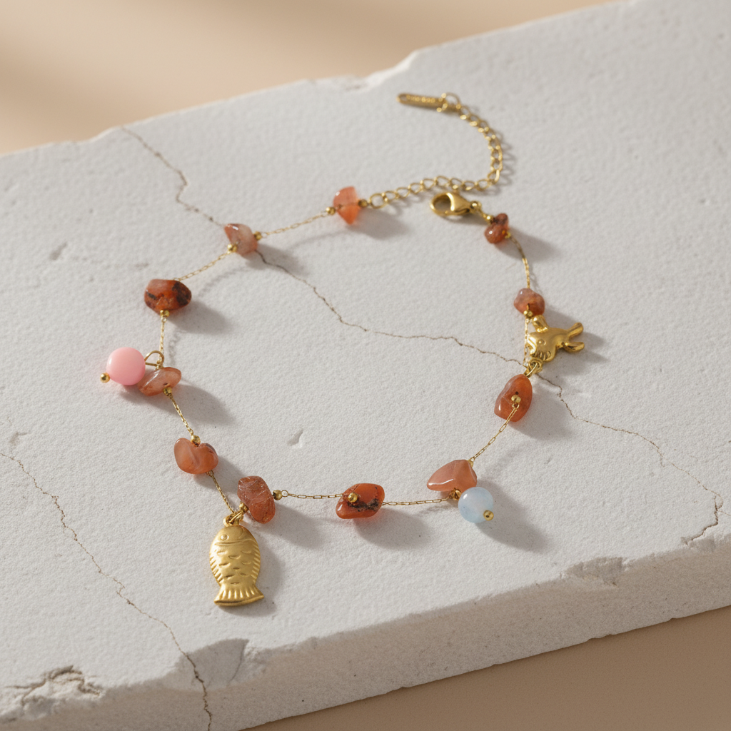 Handcrafted Gemstone Anklet with Gold Plated Fish & Sun Charms – Boho Minimal Jewelry LA10109