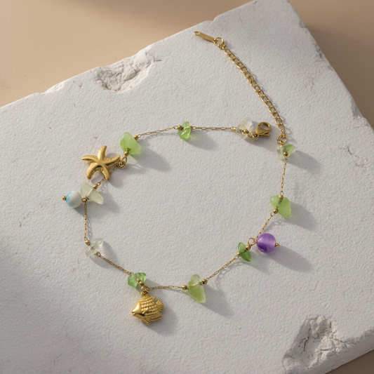 Handcrafted Gemstone Anklet with Gold Plated Starfish & Fish Charms – Coastal Green Boho Jewelry LA10111