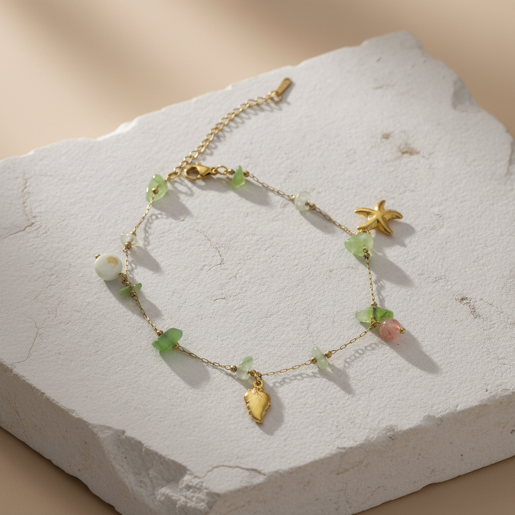 Handcrafted Gemstone Anklet with Gold Plated Starfish & Fish Charms – Coastal Green Boho Jewelry LA10111