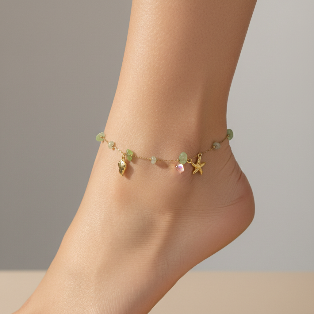 Handcrafted Gemstone Anklet with Gold Plated Starfish & Fish Charms – Coastal Green Boho Jewelry LA10111
