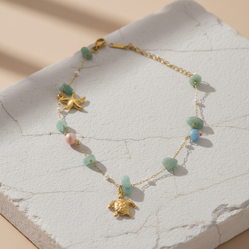Handcrafted Gemstone Anklet with Gold Plated Turtle & Starfish Charms – Ocean Inspired Boho Jewelry LA10110
