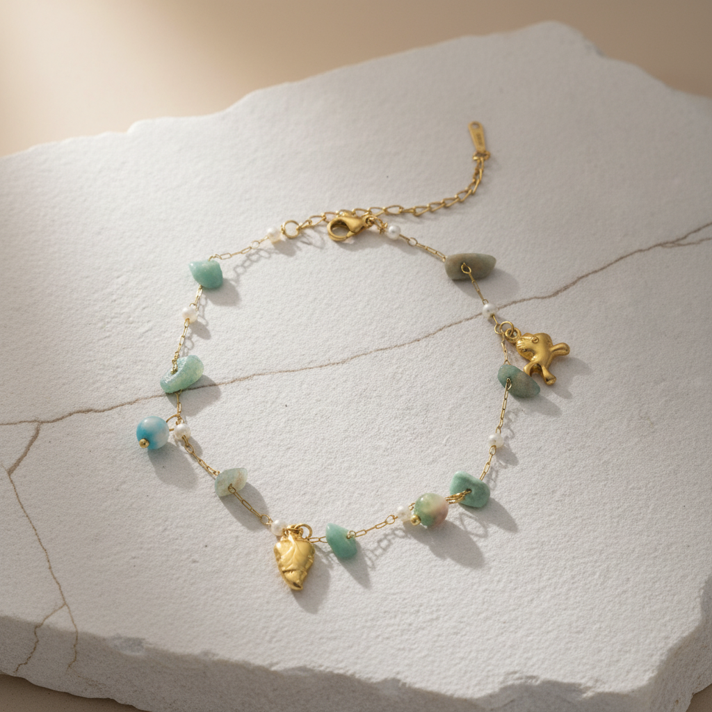Handcrafted Gemstone Anklet with Gold Plated Turtle & Starfish Charms – Ocean Inspired Boho Jewelry LA10110