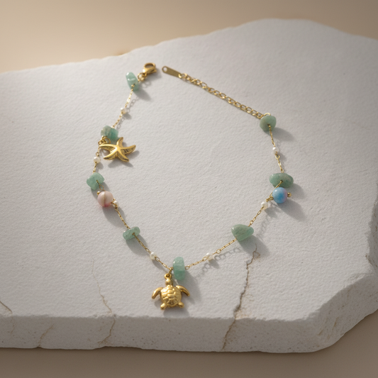 Handcrafted Gemstone Anklet with Gold Plated Turtle & Starfish Charms – Ocean Inspired Boho Jewelry LA10110