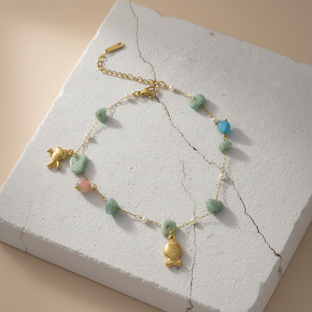 Handcrafted Gemstone Anklet with Gold Plated Turtle & Starfish Charms – Ocean Inspired Boho Jewelry LA10110