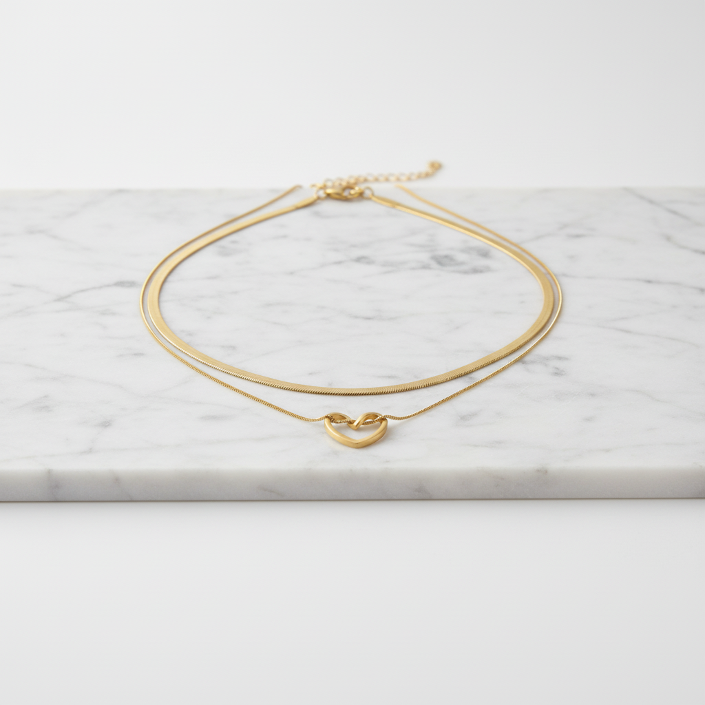Heart Pendant Double Layer Gold Necklace – Elegant Minimalist Chain for Women LN10326