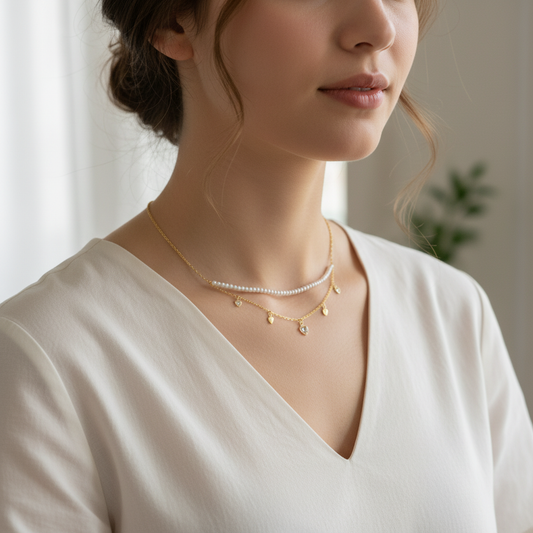 Dual-Layer Pearl and Heart Charm Choker – Elegant Gold Choker Necklace for Women LN10307