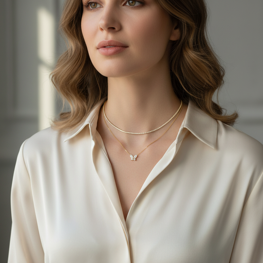 Butterfly Pendant Dual-Layer Choker – Elegant Gold and Pearl Choker Necklace for Women LN10308