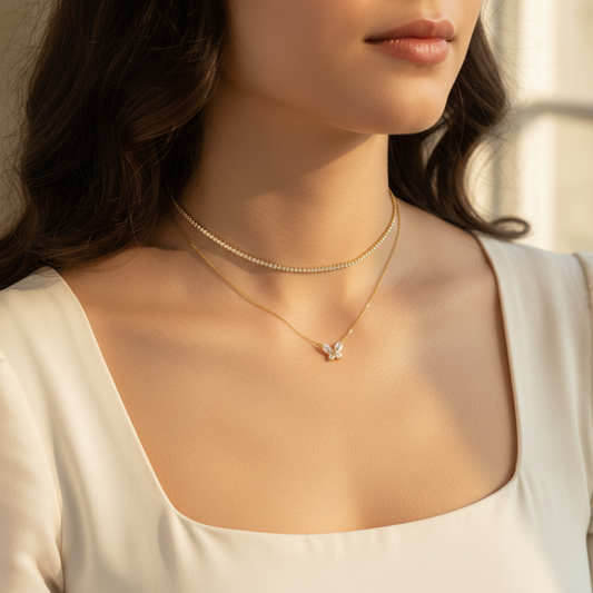Butterfly Pendant Dual-Layer Choker – Elegant Gold and Pearl Choker Necklace for Women LN10308