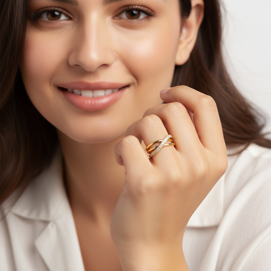 Criss-Cross Gold Ring – Elegant Crossover Crystal Band for Women LR10184
