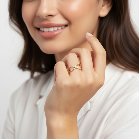 Infinity Gold Ring – Adjustable Crystal-Studded Symbol of Endless Elegance LR10185