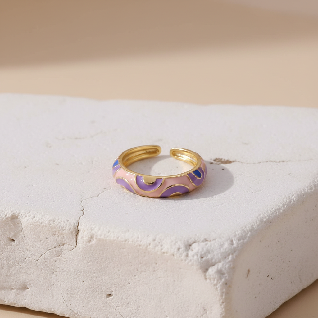 Lavender & Blue Enamel Gold Adjustable Ring LR10215