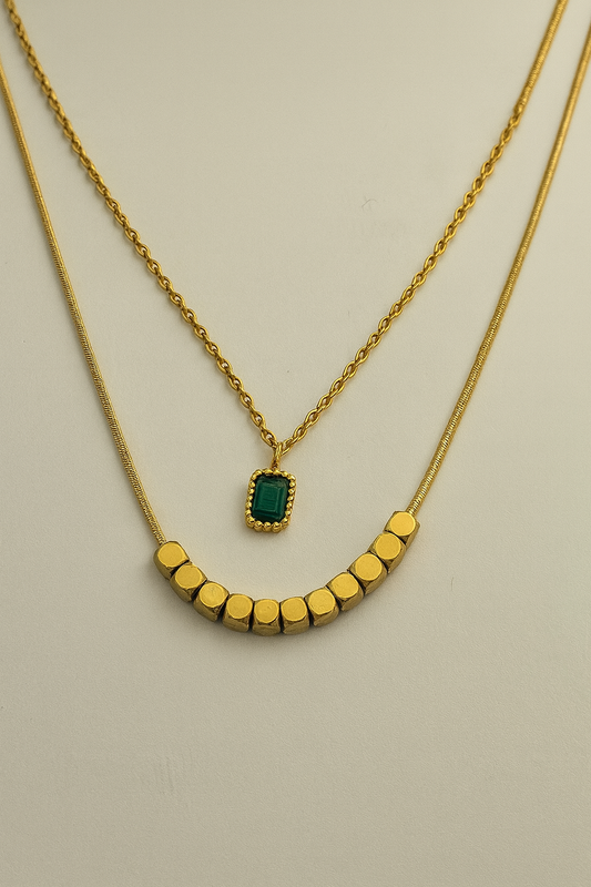 Layered Gold Necklace with Green Stone Pendant | Elegant Women’s Jewelry LN10214