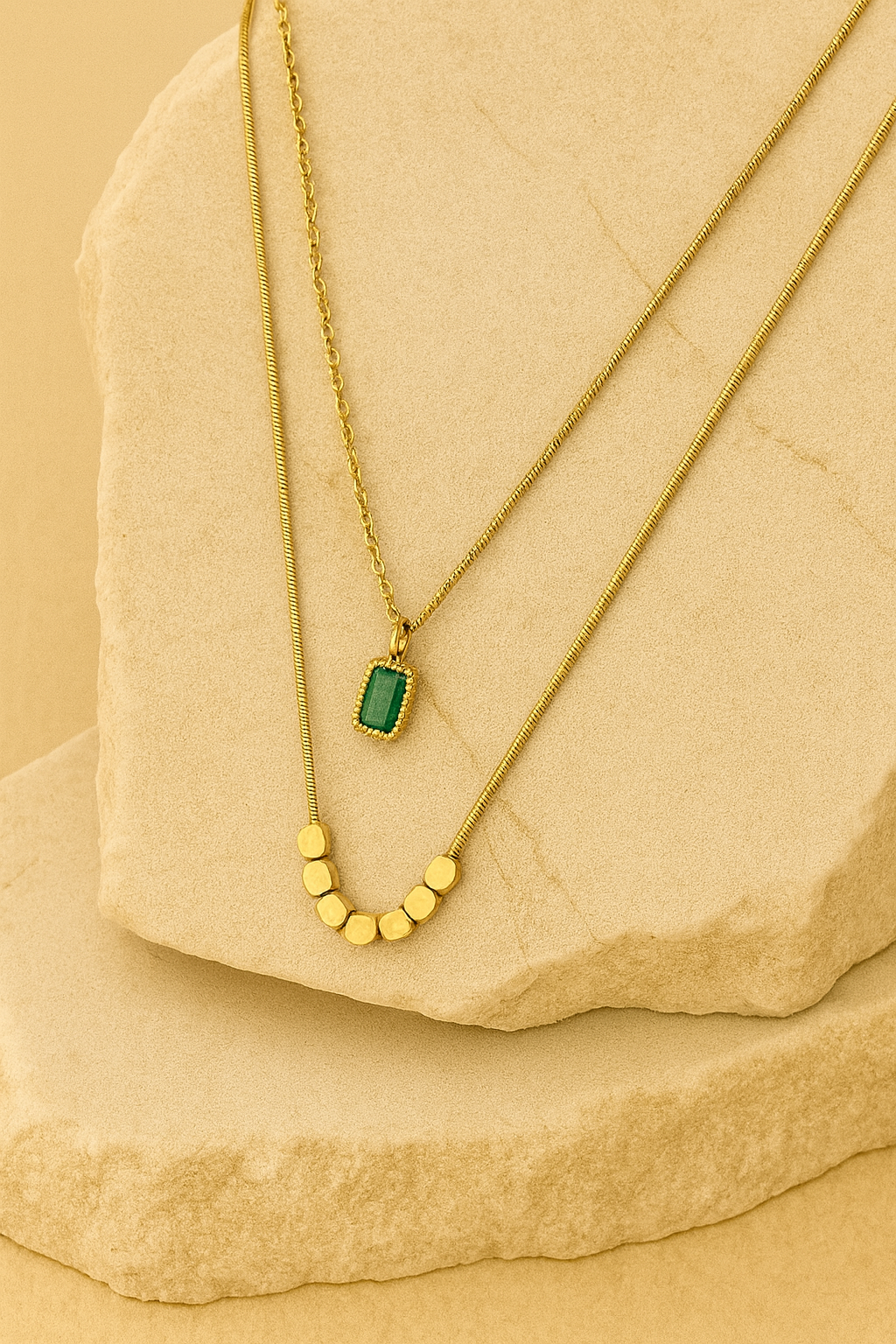 Layered Gold Necklace with Green Stone Pendant | Elegant Women’s Jewelry LN10214