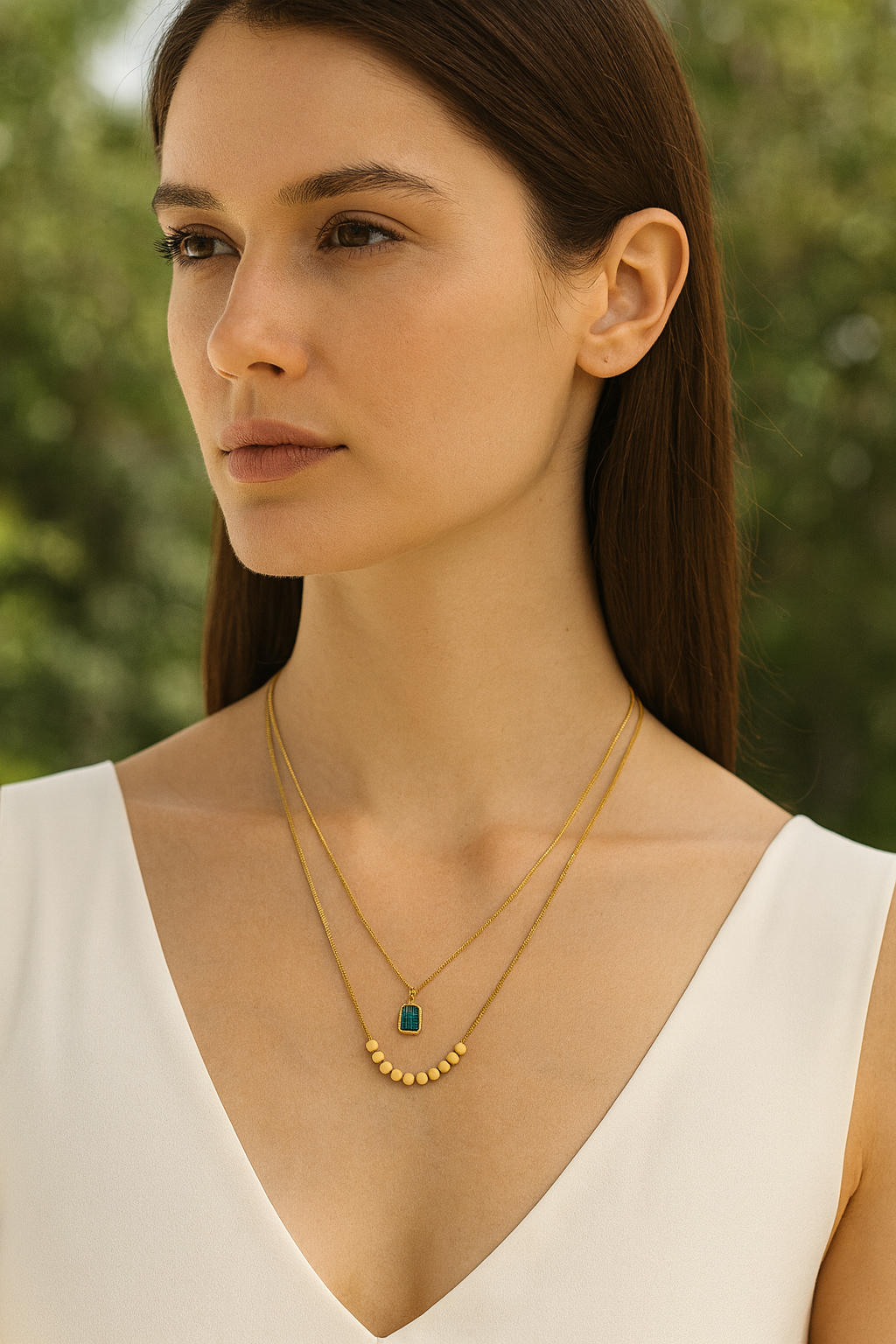 Layered Gold Necklace with Green Stone Pendant | Elegant Women’s Jewelry LN10214