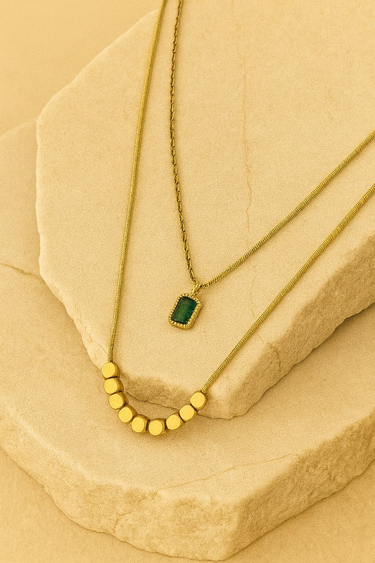 Layered Gold Necklace with Green Stone Pendant | Elegant Women’s Jewelry LN10214