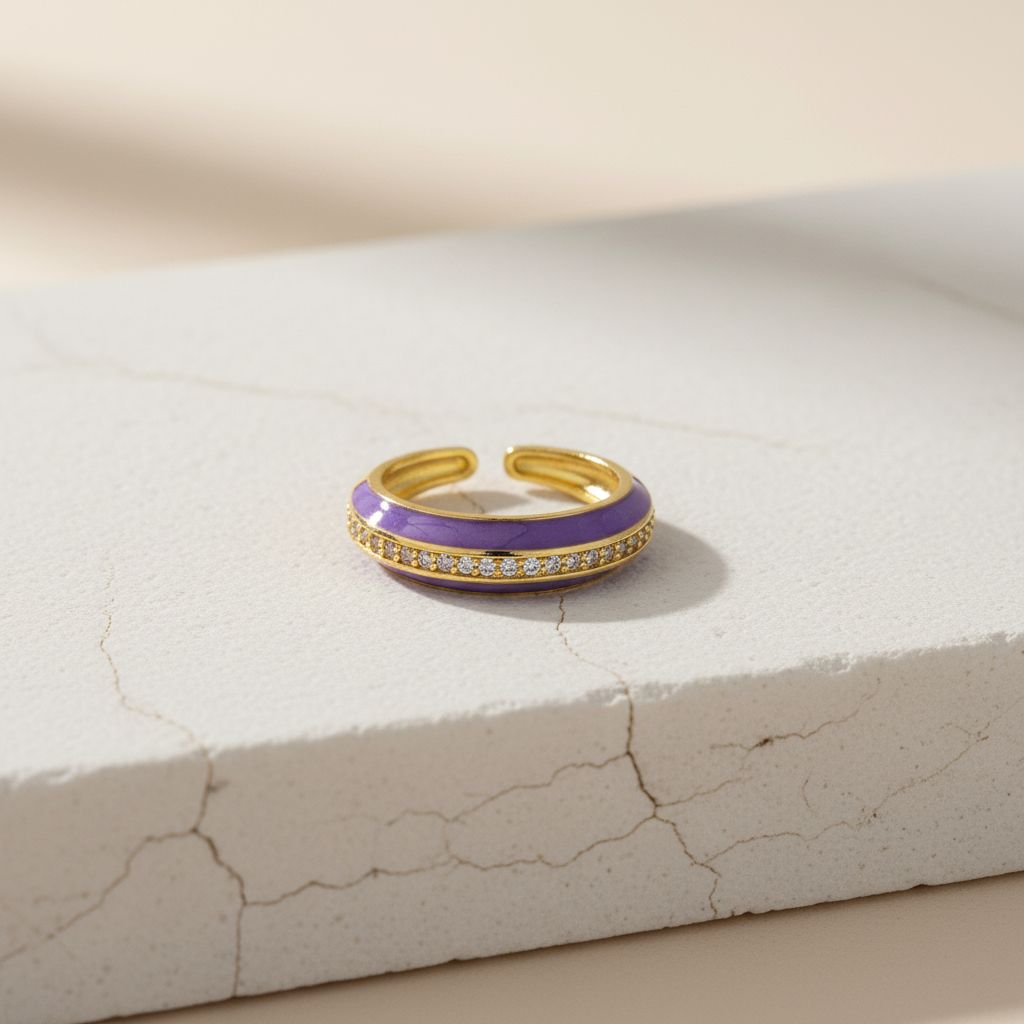 Lilac Enamel & Gold Adjustable Ring with Diamond Band LR10199