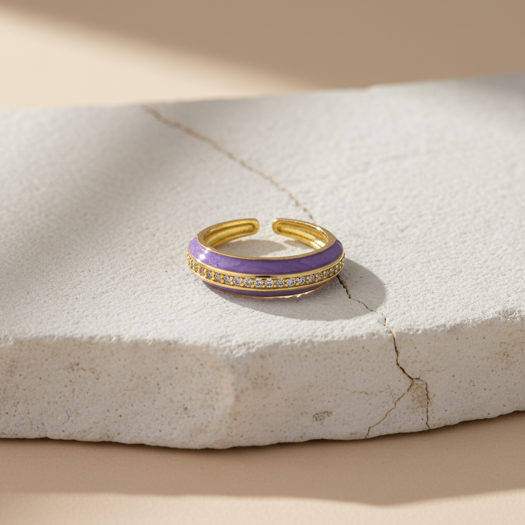 Lilac Enamel & Gold Adjustable Ring with Diamond Band LR10199