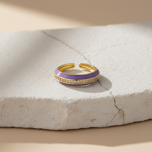 Lilac Enamel & Gold Adjustable Ring with Diamond Band LR10199